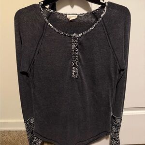 Hem & Thread Charcoal Long Sleeve Top with Patterned Trim